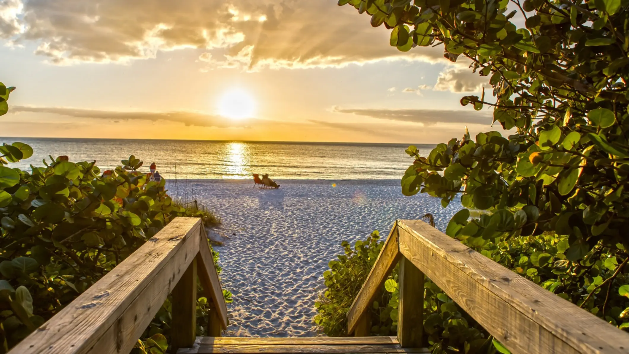USA Florida Naples Der Strand von Naples, Naples, Florida, USA bei Sonnenaufgang mit Blick von einer Treppe eines Steges aus durch dichte Vegetation.