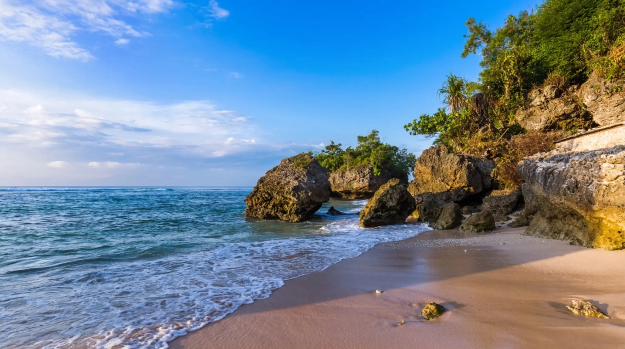 Rochers verdoyants au bord de l'eau sur la plage de Padang Padang à Bali, en Indonésie.