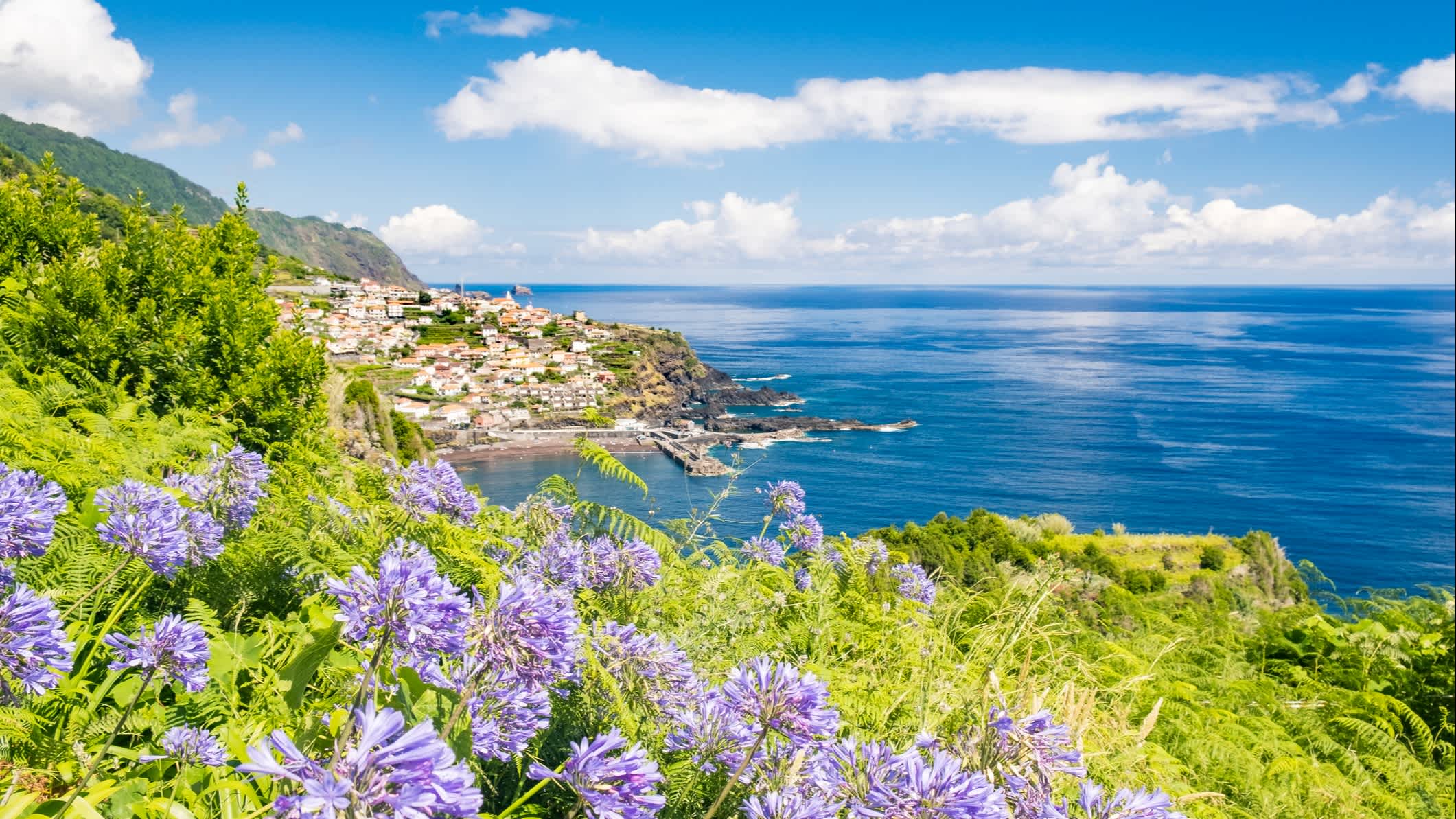 Ein Blick über das Küstendorf Seixal mit Blumen, Madeira, Portugal. 