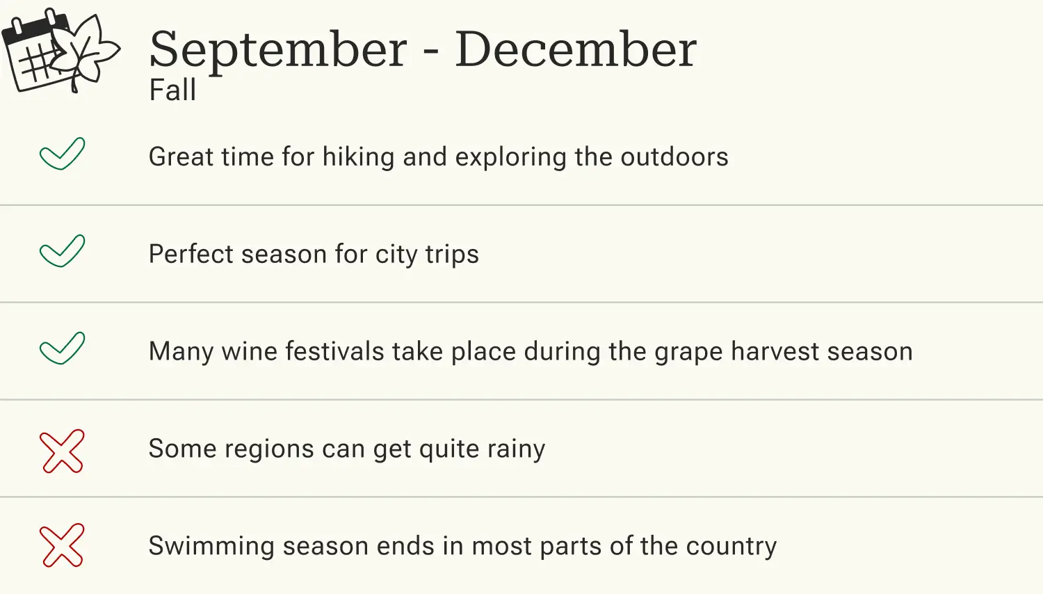 Advantages and disadvantages of traveling to Spain in autumn (September to December).