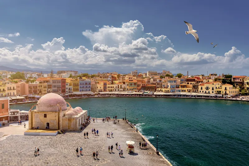View of the Venetian harbor of the city of Chania in Crete, Greece.