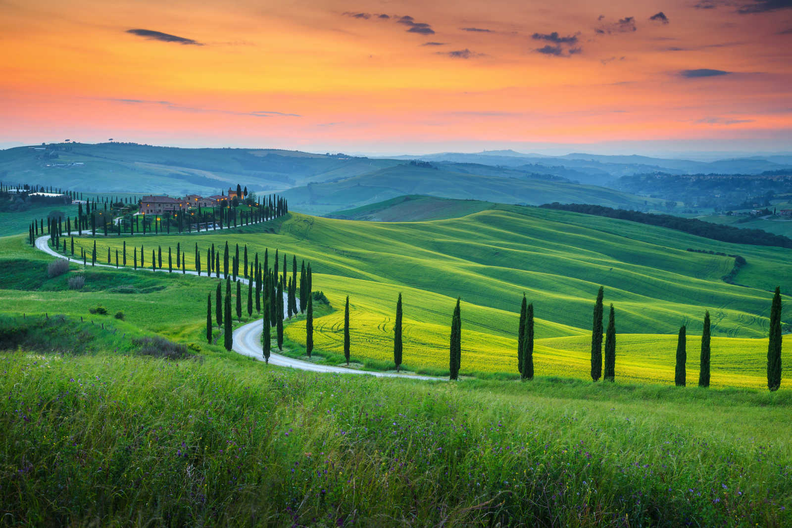 Berühmten Toskana-Landschaft mit gebogenen Straße und Zypressen, Italien.
