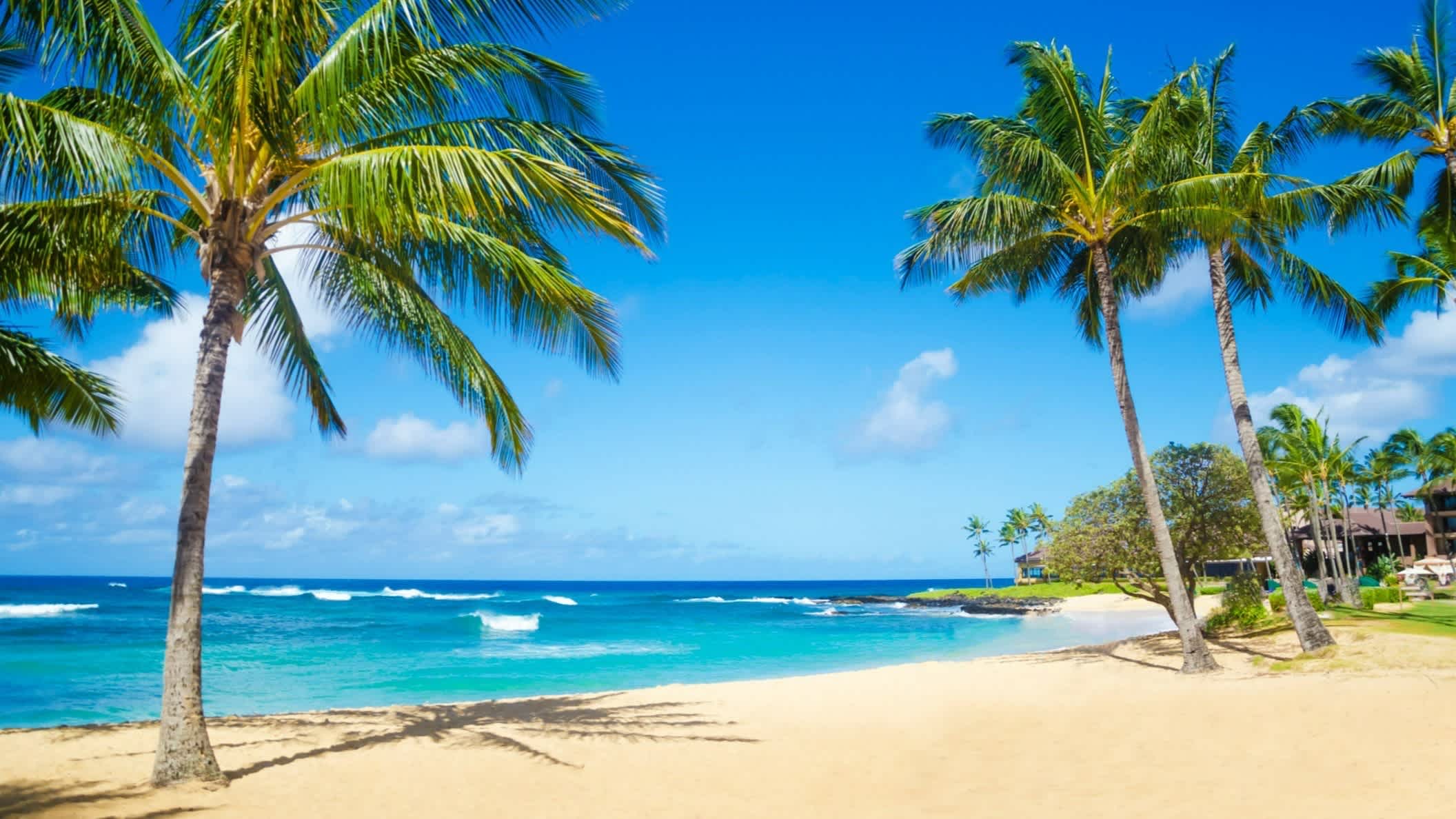 Der Strand Poipu-Strand, Kauai, Hawaii, USA bei blauem Himmel und mit Blick auf das Meer durch Palmen mit einem Strandhotel im Hintergrund.