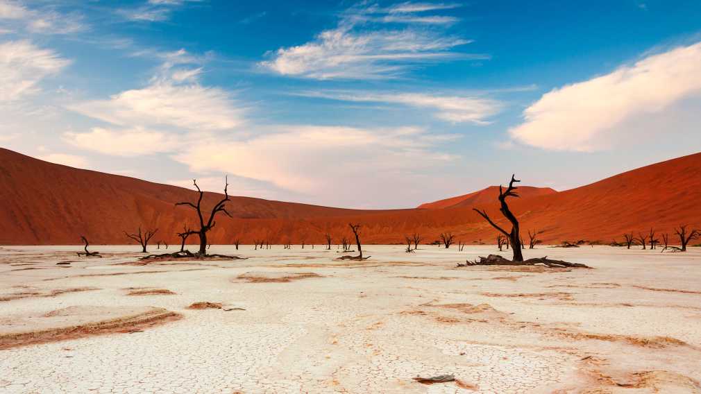 Photo panoramique du désert de sel Sossusvlei dans le désert du Namib, l'un des sites les plus visités de Namibie.