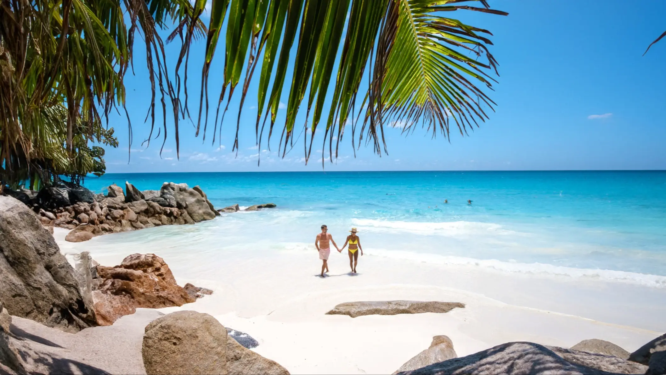Paar, La Digue, strand, Seychellen