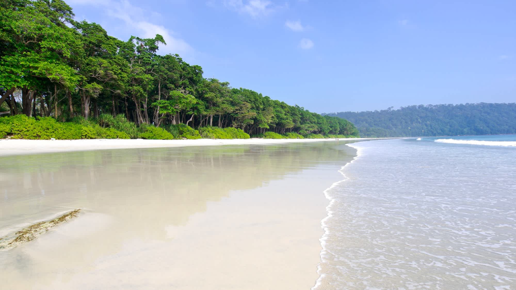 Vue sur le sable blanc entouré de végétation verdoyante et d'eaux cristallines, plage de Radhanagar, en Inde