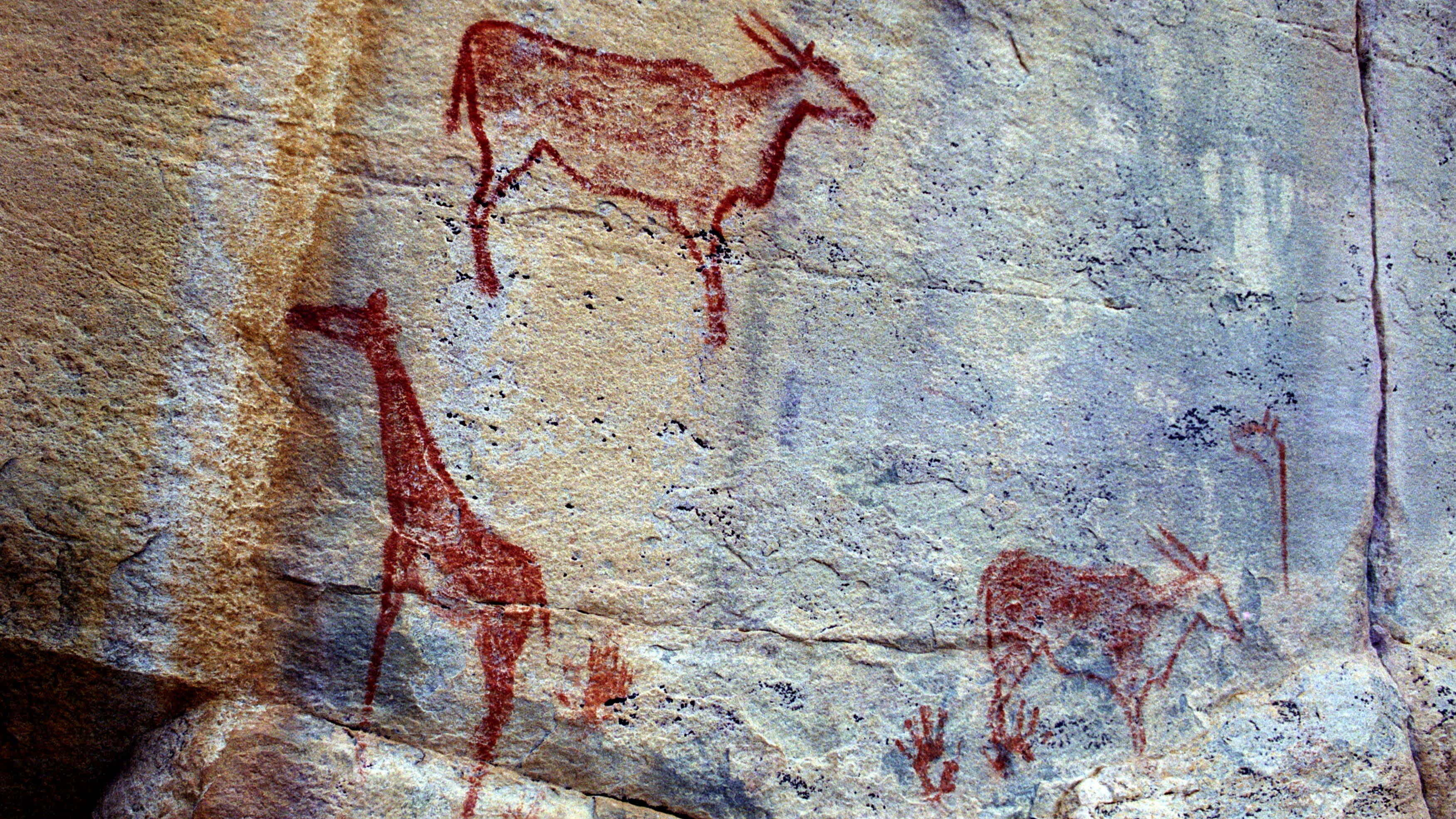 Felsmalerei in den Tsodilo Hills, Botswana. Die Malereien werden dem Volk der San zugeschrieben. Die Tsodilo Hills sind ein UNESCO-Weltkulturerbe und bestehen aus Felszeichnungen, Unterständen, Vertiefungen und Höhlen