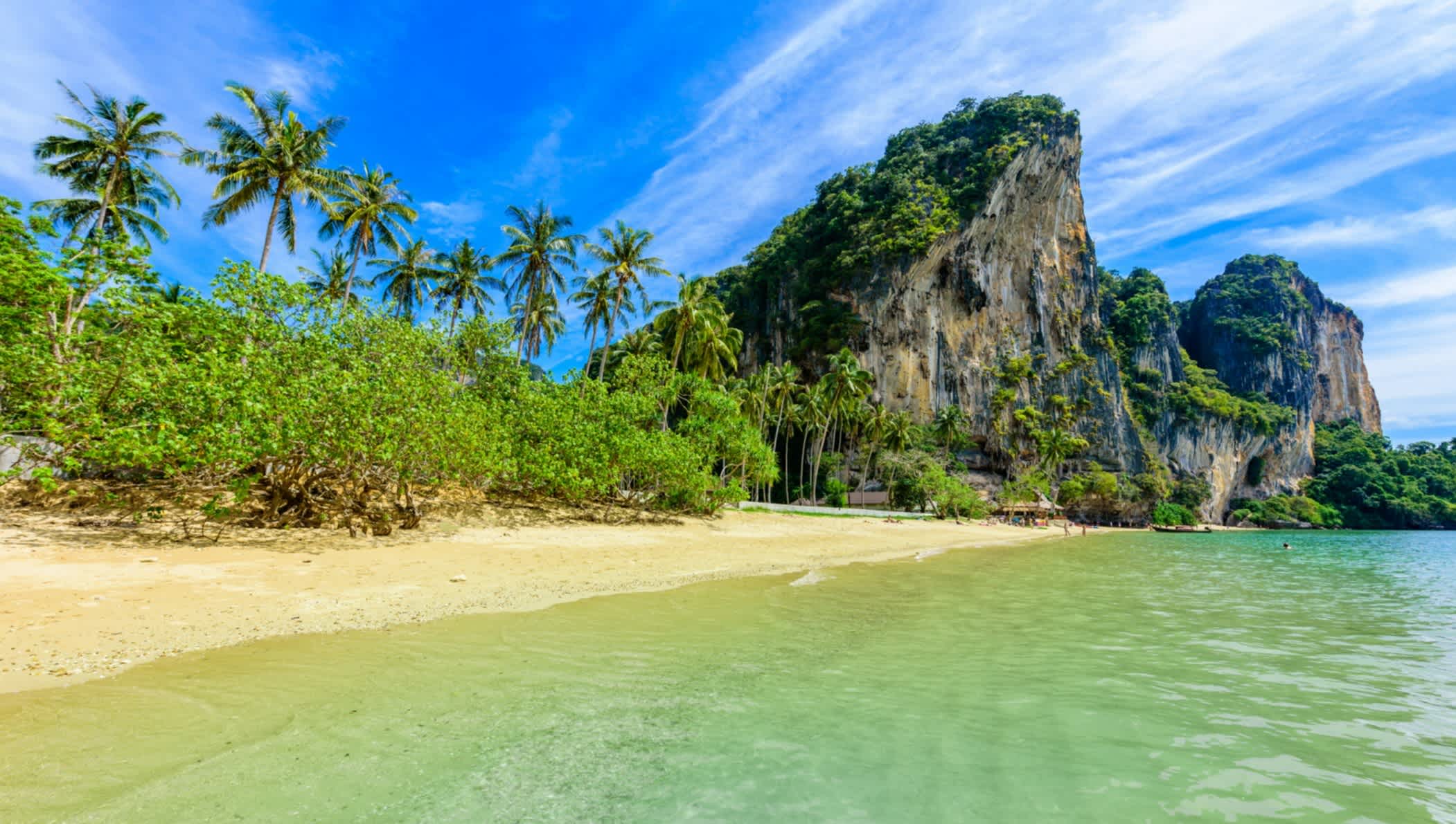Vue du sable doré bordé d'une eau cristalline et d'un paysage verdoyant sur la plage de Tonsai en Thaïlande 