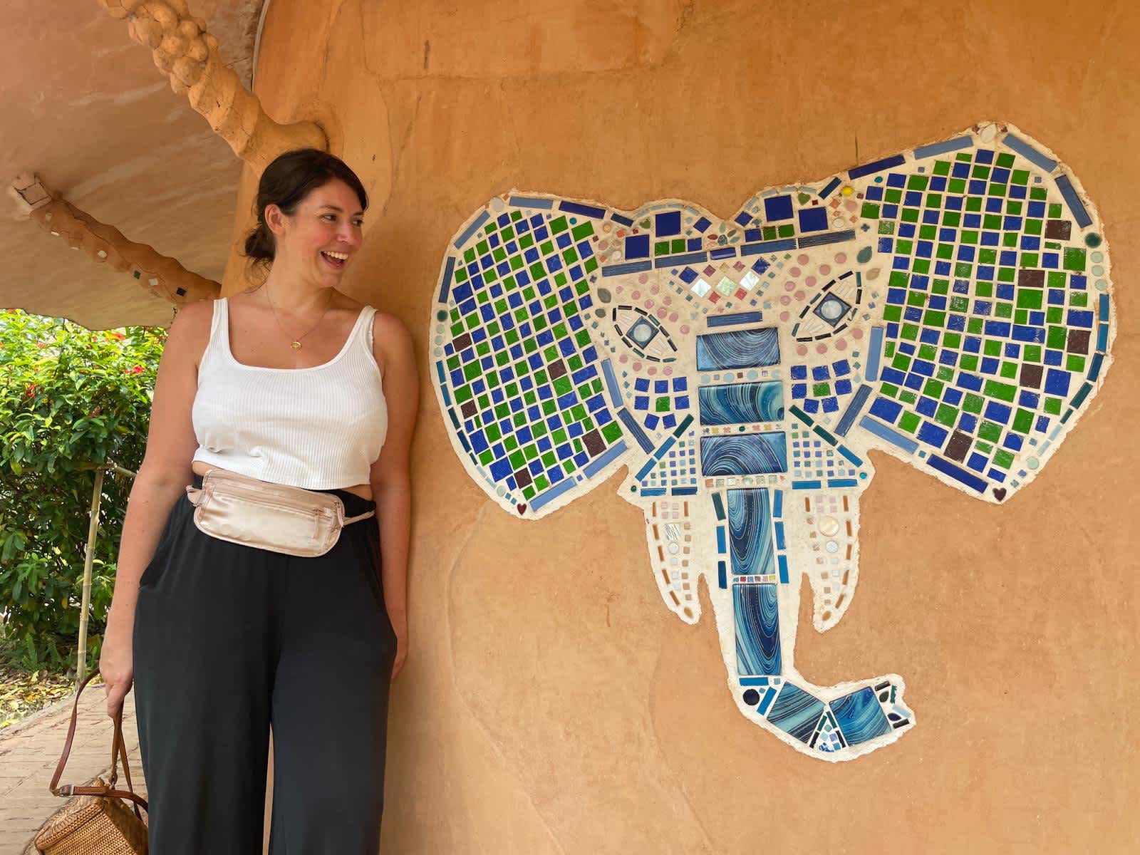 Maren qui pose à côté d'un dessin sur le mur fait avec de la mosaique d'un éléphant