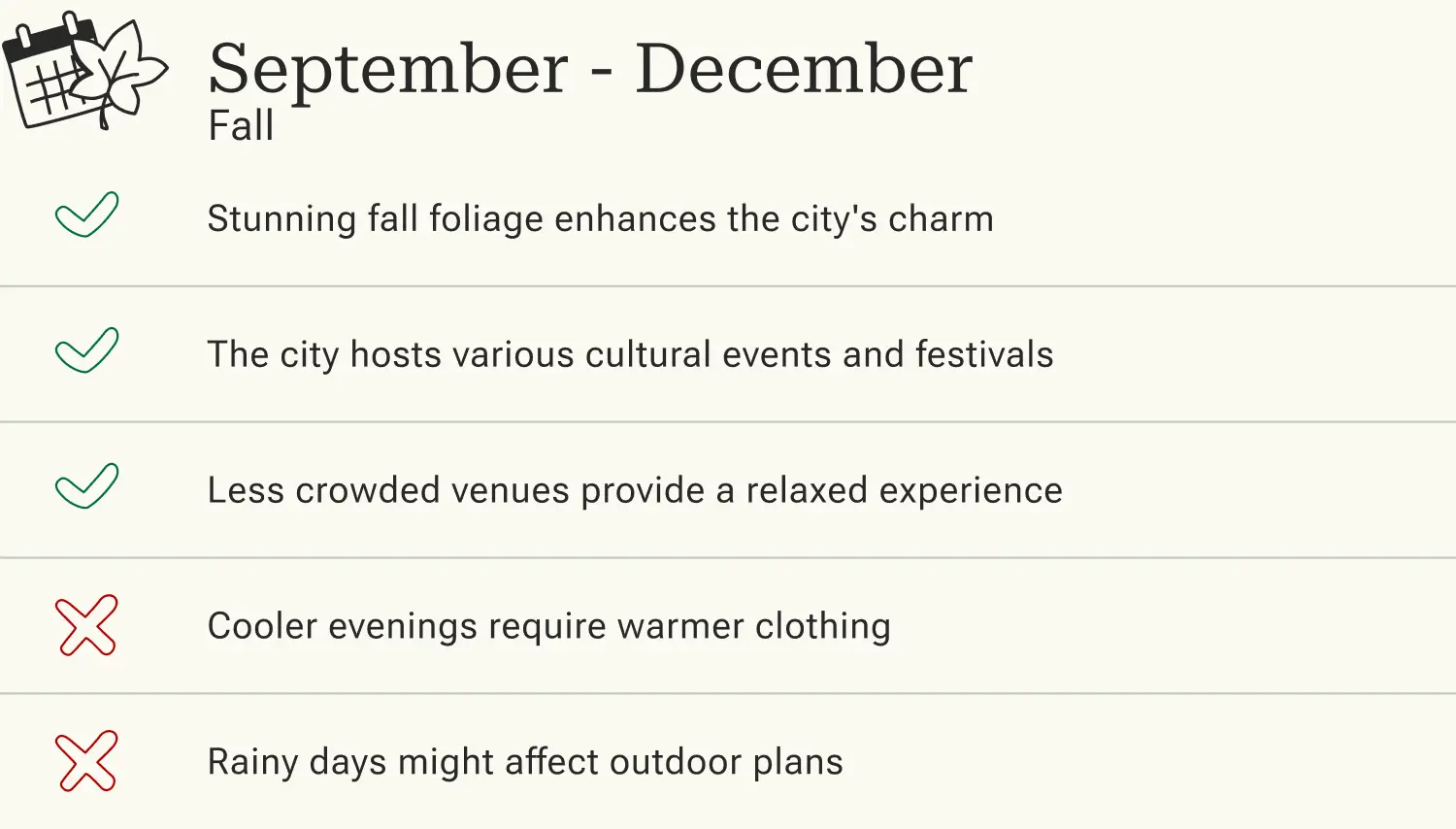 Fall travel overview September-December with advantages such as autumn foliage and cultural events as well as information about cooler evenings.