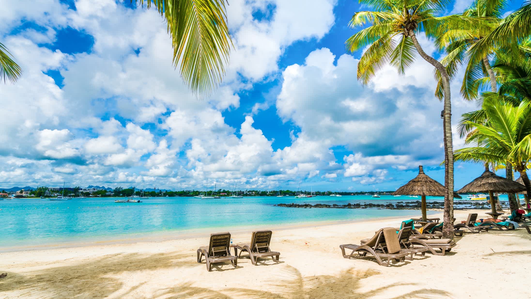 Liegestühle am Sandstrand von Grand Baie auf Mauritius mit Blick auf das Meer und Palmen im Bild.