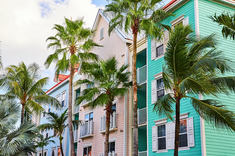 Tropischer urbaner Charme: Bunte Gebäude und Palmen in Nassau

