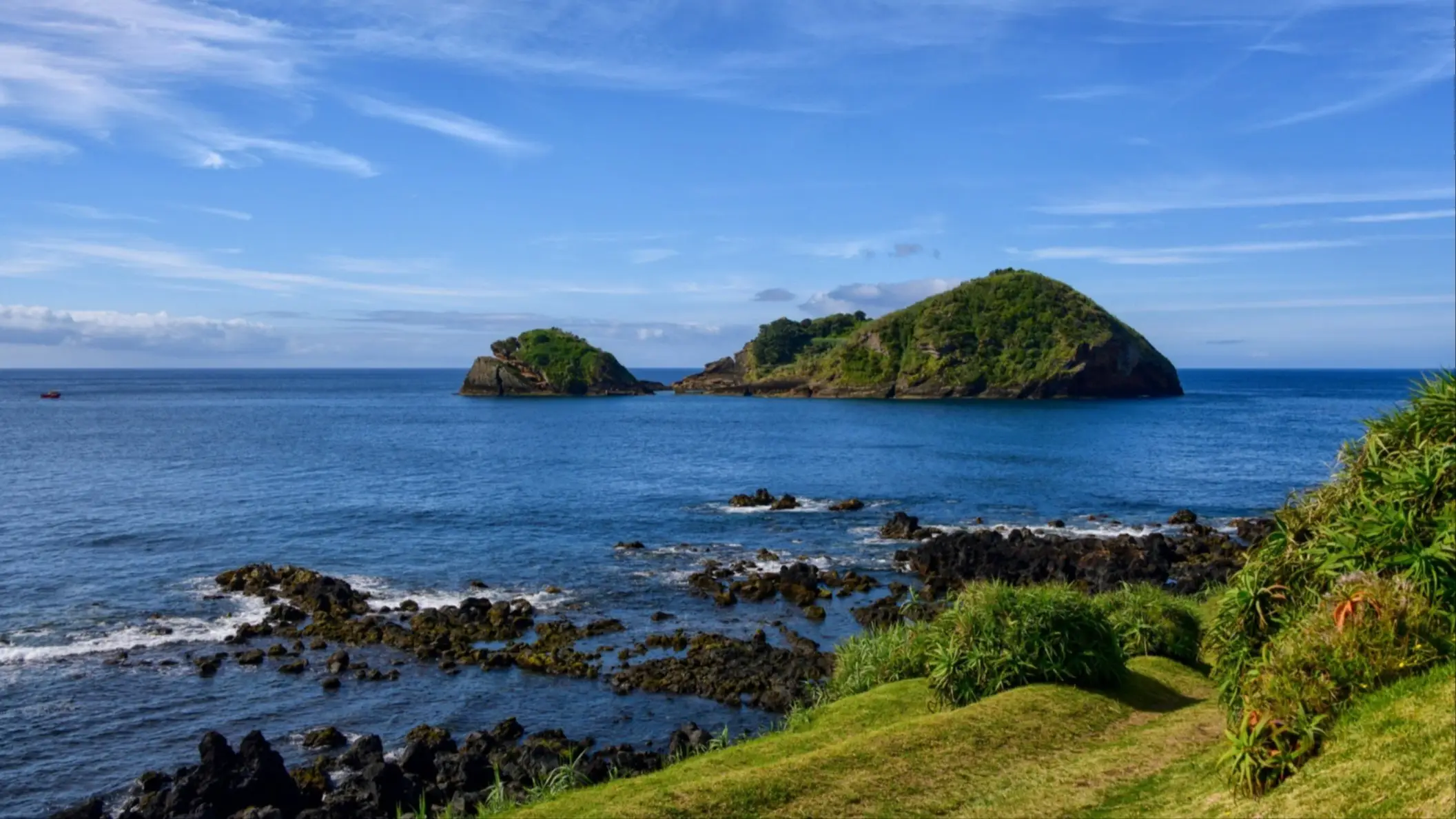 Praia do Areal de Santa Bárbara, São Miguel, Azoren, Portugal Grünes Gras an der Klippe von Praia do Areal de Santa Bárbara, São Miguel, Azoren, Portugal mit Blick auf eine kleine Insel im Wasser.