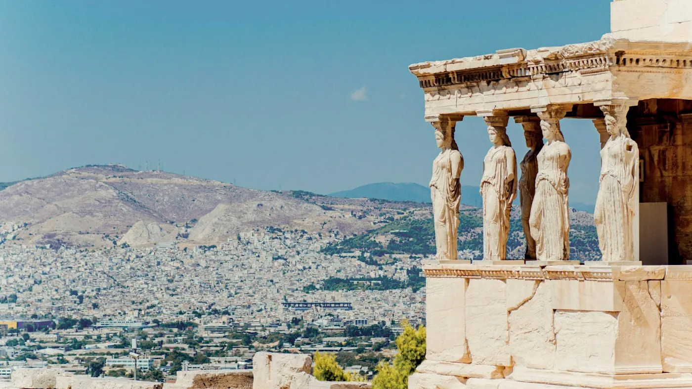 View of the Erechtheion Temple in Athens, Greece.
