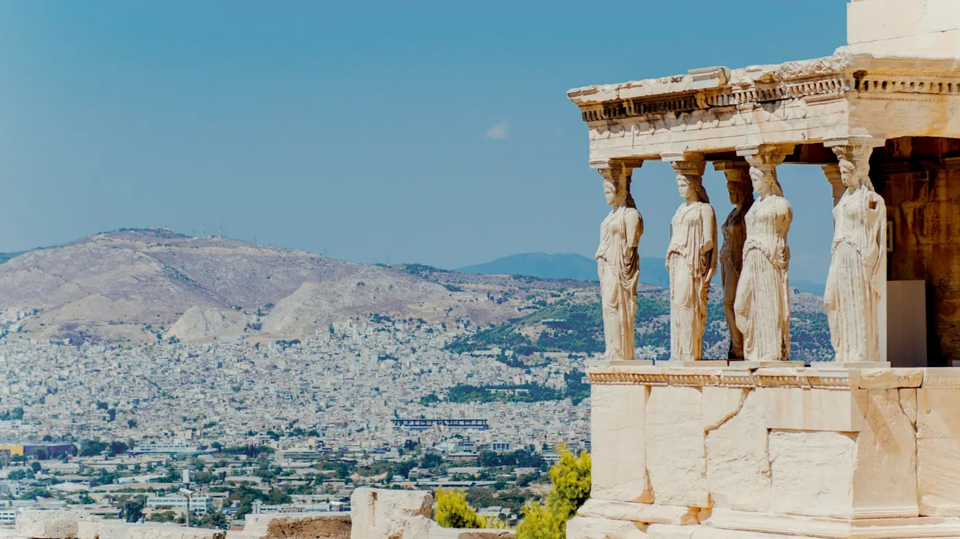 View of the Erechtheion Temple in Athens, Greece.
