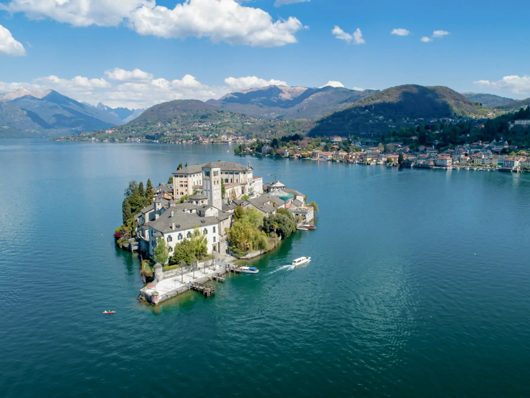 The glacial lake Lago d'Orta with its inland island seen from above