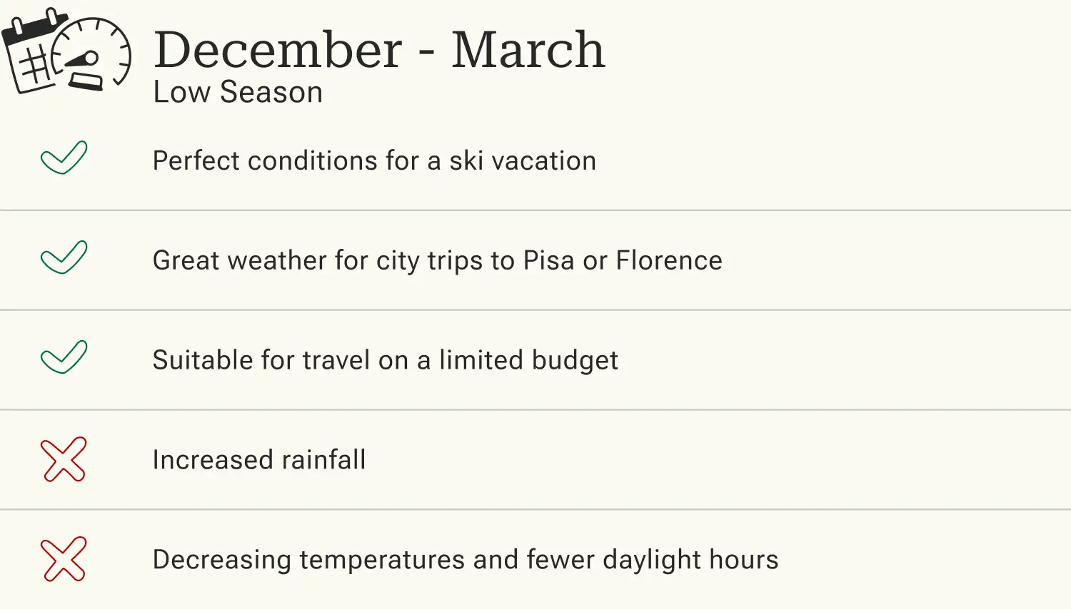 Advantages and disadvantages of traveling to Tuscany in the low season