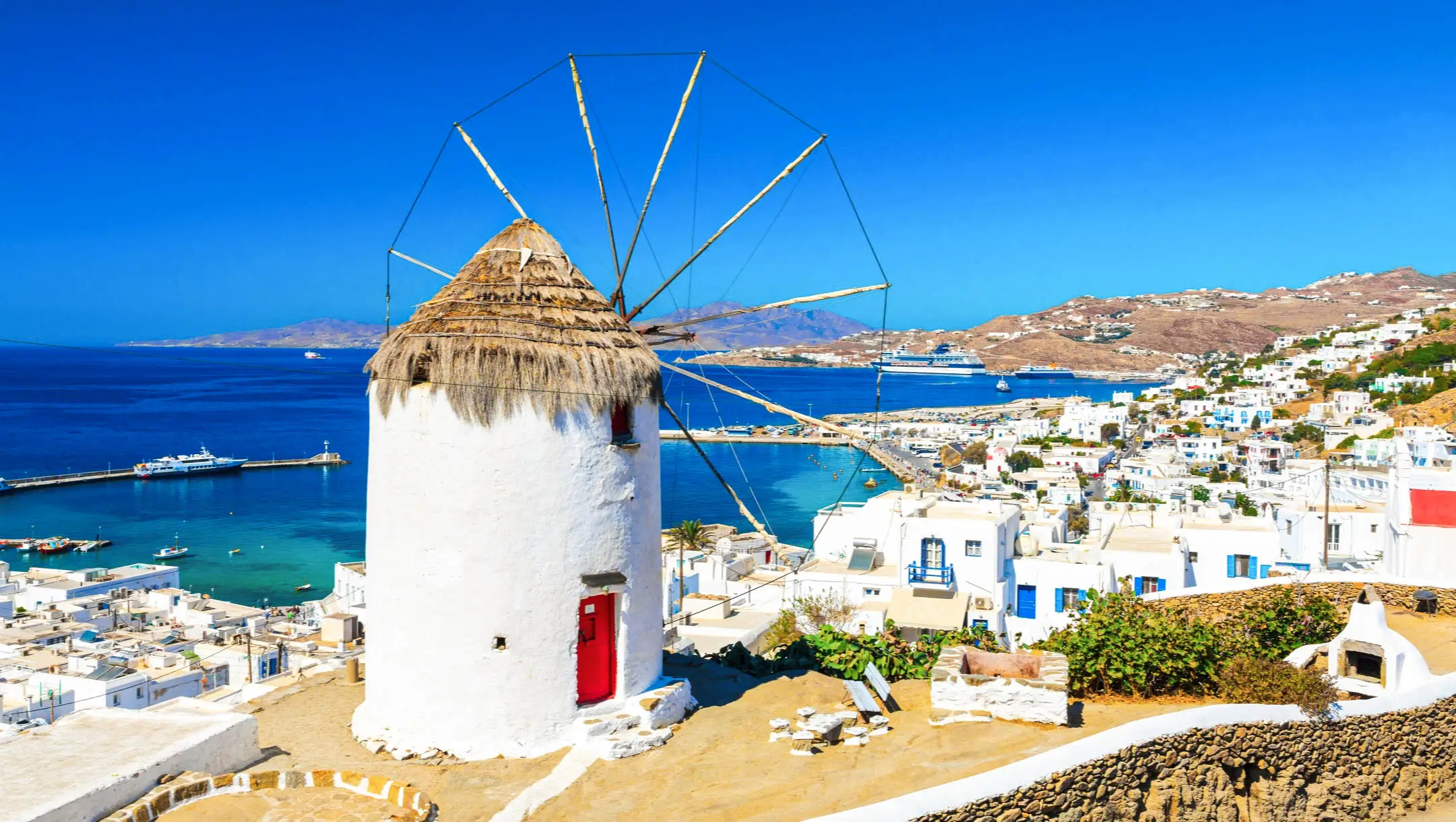 Bonis Windmühle, Mykonos Panoramablick auf die Stadt Mykonos, Kykladen, Griechenland