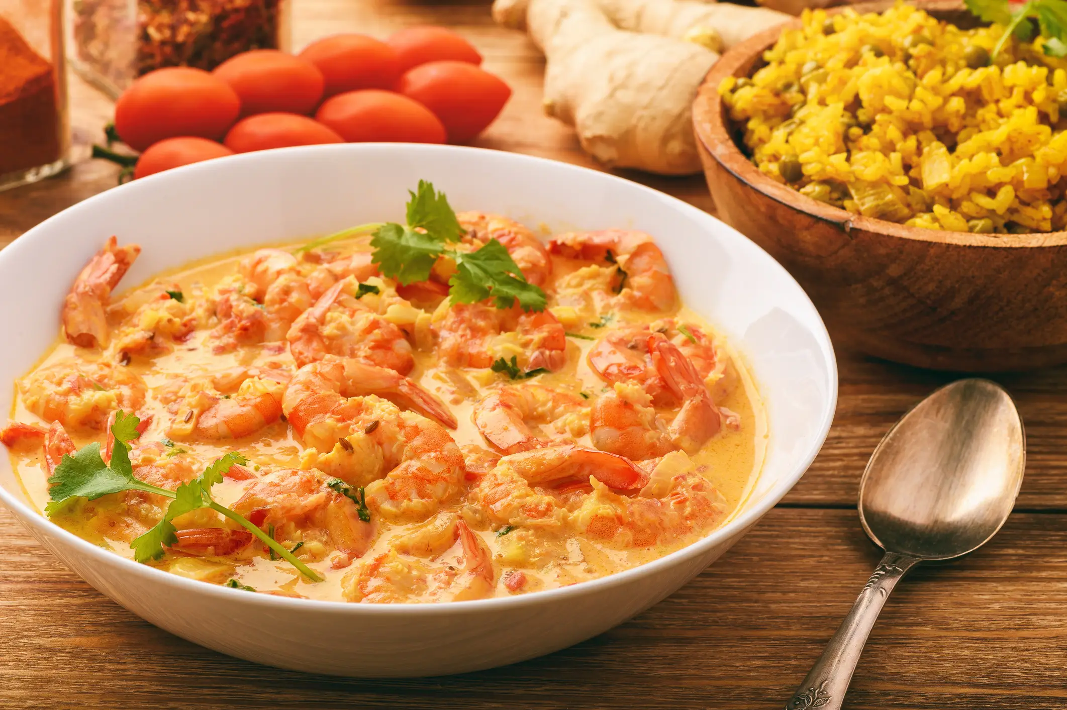 Polynésie française, repas typique, Chevrettes à la Vanille et Coco Plat de crevettes vanille coco, avec d'autres ingrédients et un plat de riz