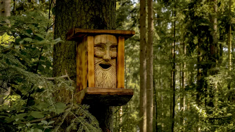 Italy, Lombardy, Lake Como, Figure Wooden carved figure in the forest on Lake Como in Lombardy, Italy.