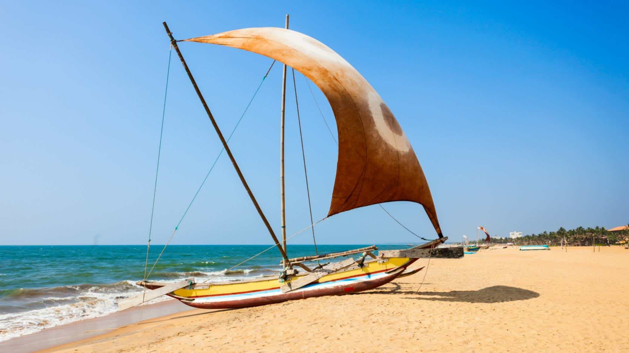 Touristenboot am Strand von Negombo an der Westküste Sri Lankas