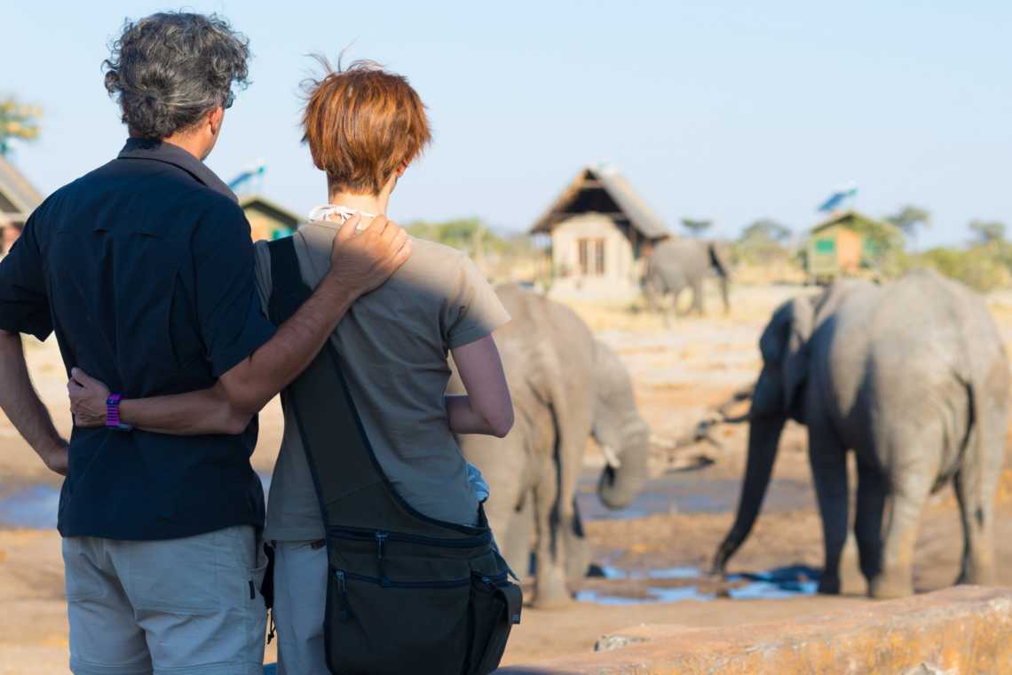Umarmendes Paar mit Blick auf eine Elefantenherde, die aus einem Wasserloch trinkt.
