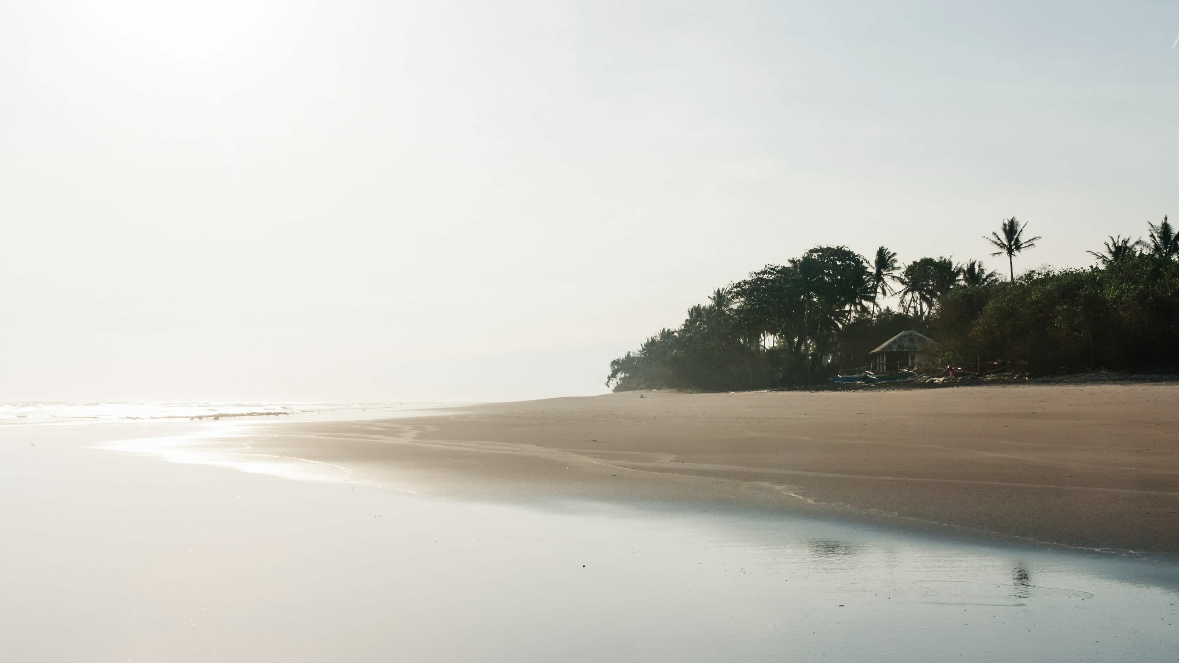 Sable clair au bord de la mer avec des palmiers au lever du soleil, plage de Balian en Indonésie