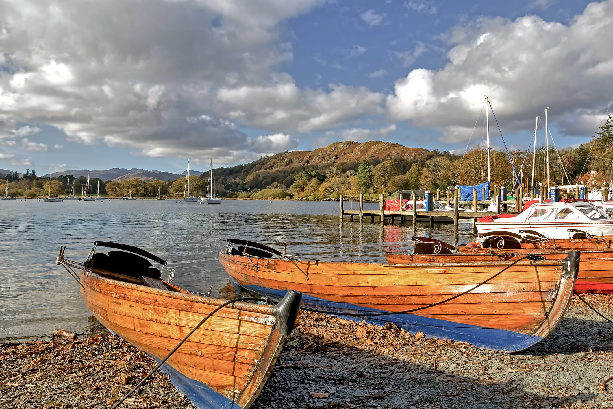 Boats on the shores of Lake Windermere, Ambleside, Cumbria, England.