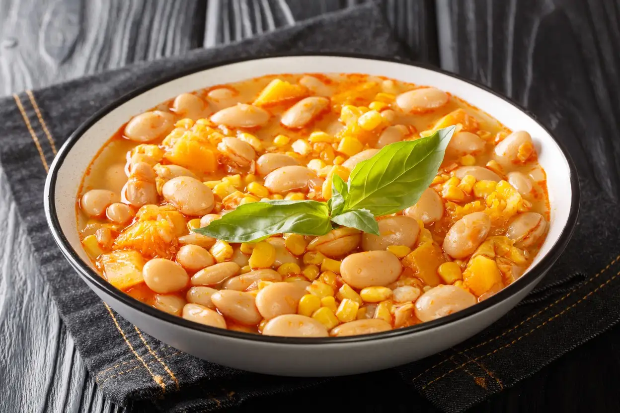 Chile, Porotos Granado ChilenischePorotos granados Bohneneintopf mit Gemüse aus nächster Nähe in einer Schüssel. Horizontale
