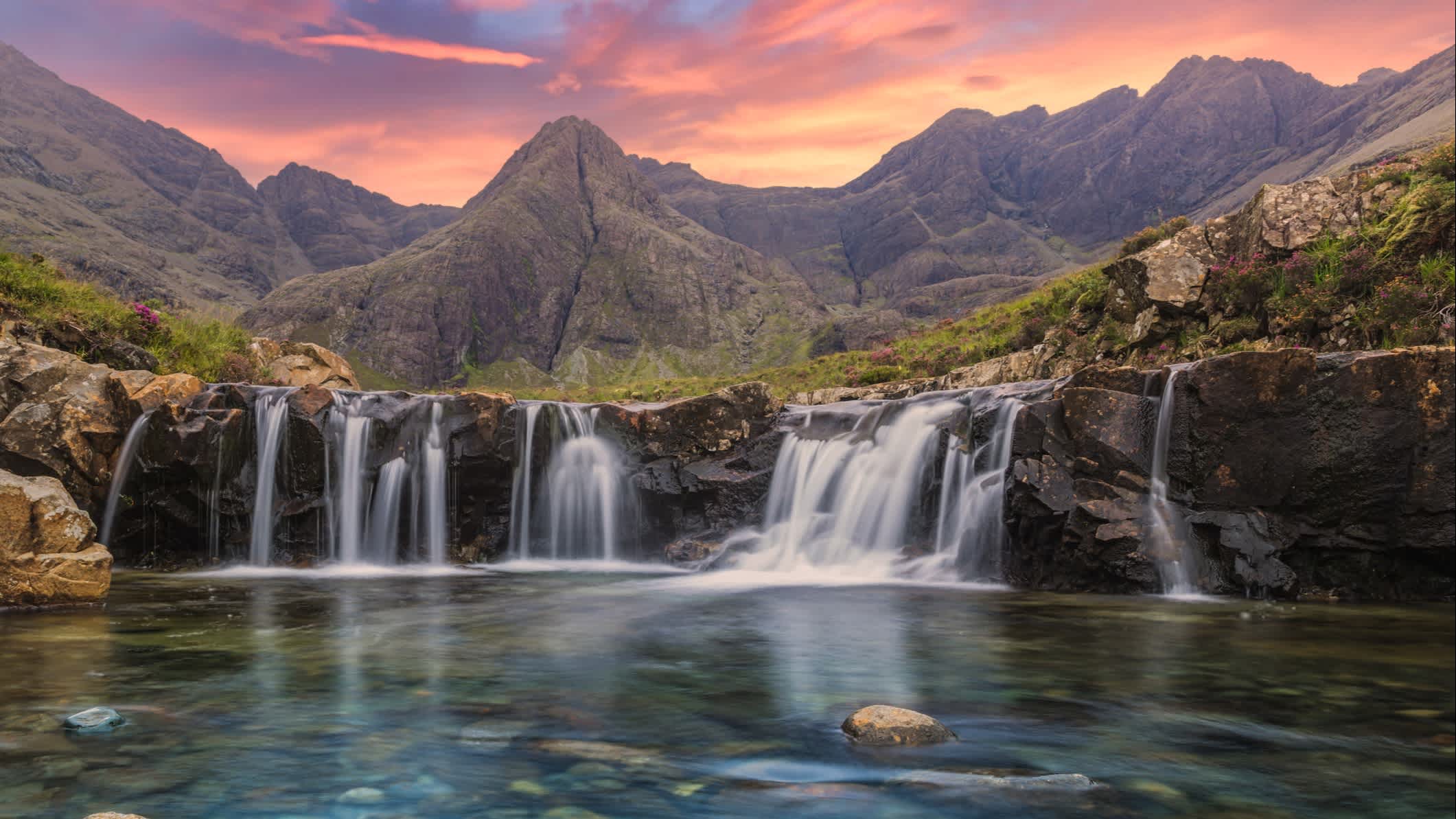 Fairy Pools bei der Sonnenuntergang, Glen Brittle, Isle of Skye, Schottland

