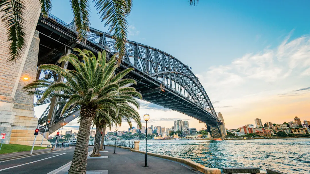 Sydney Harbour Bridge bei Sonnenuntergang, Palmen und Wasser. Sydney, New South Wales, Australien.