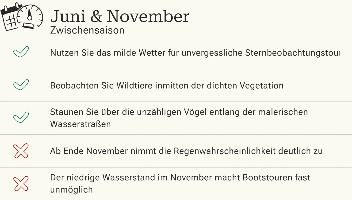 Vor- und Nachteile für eine Reise in der Zwischensaison in Pantanal.