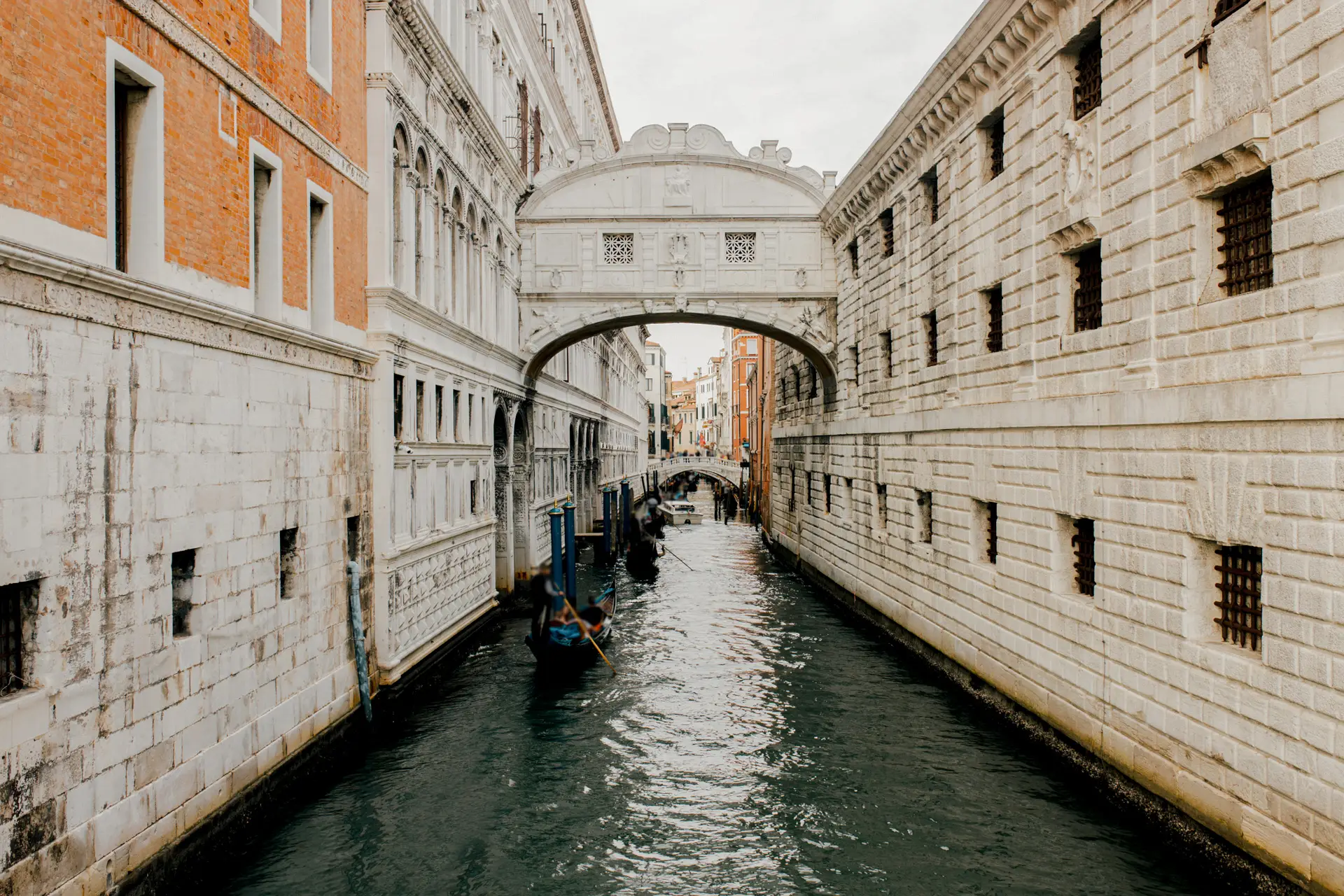 View of the Bridge of Sighs with gondolas, Venice
