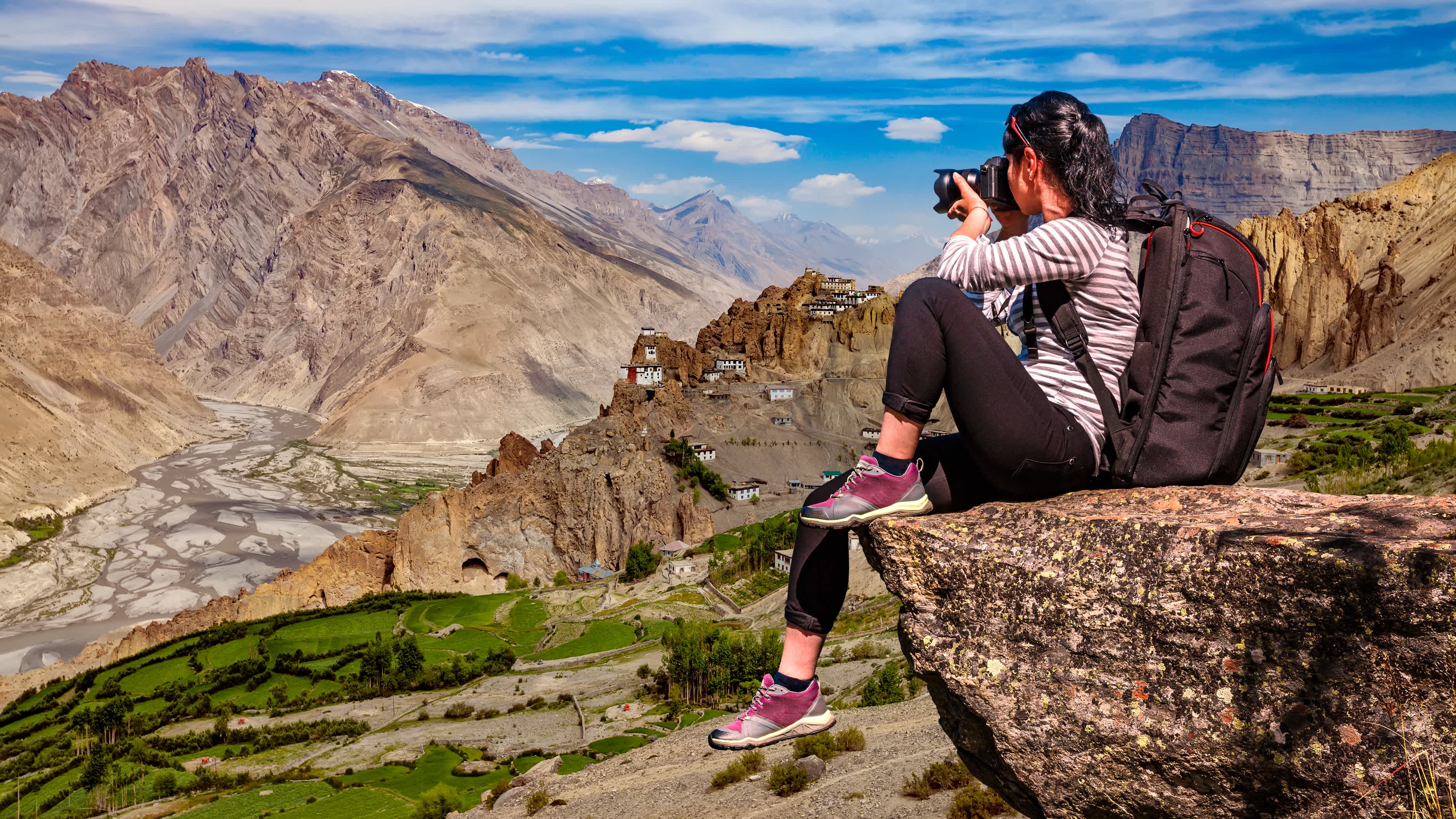 Blick auf Dhankar Gompa im Spiti-Tal, Indien

