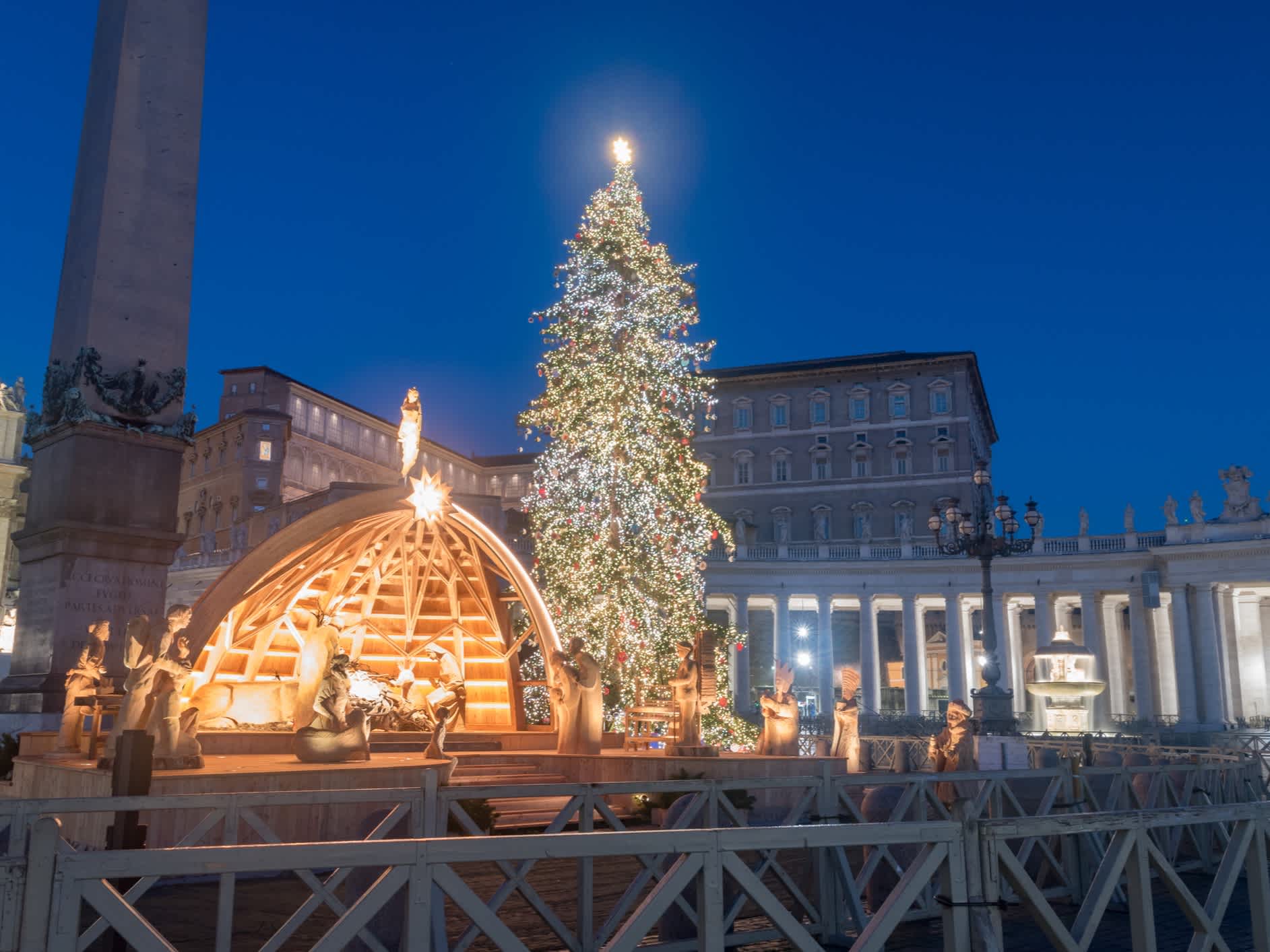 Krippe und Weihnachtsbaum im Vatikan bei Nacht.