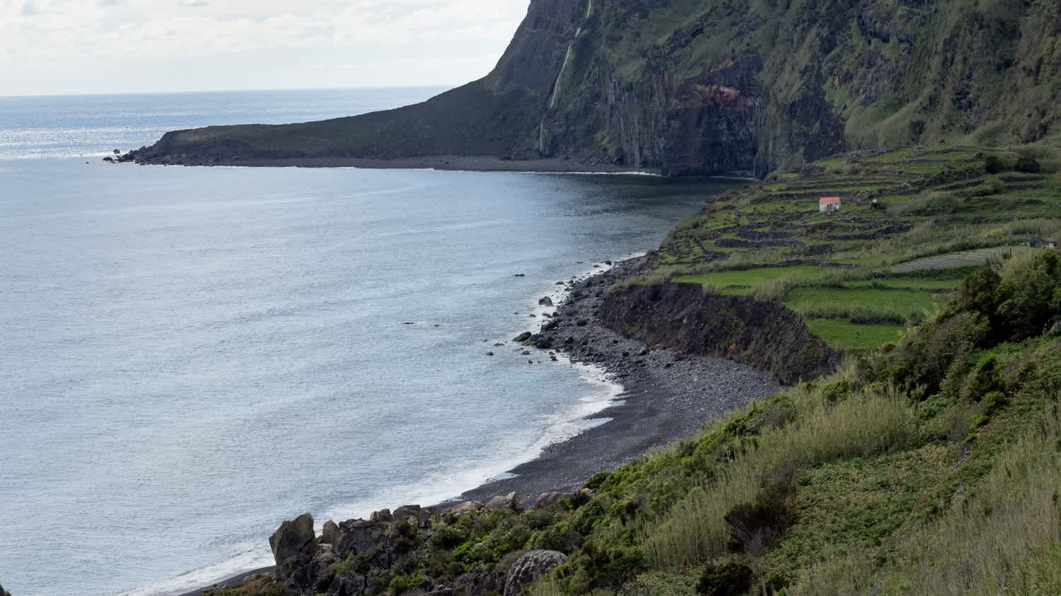 Plage de sable noir à Fajã de Lopo Vaz, île de Flores.