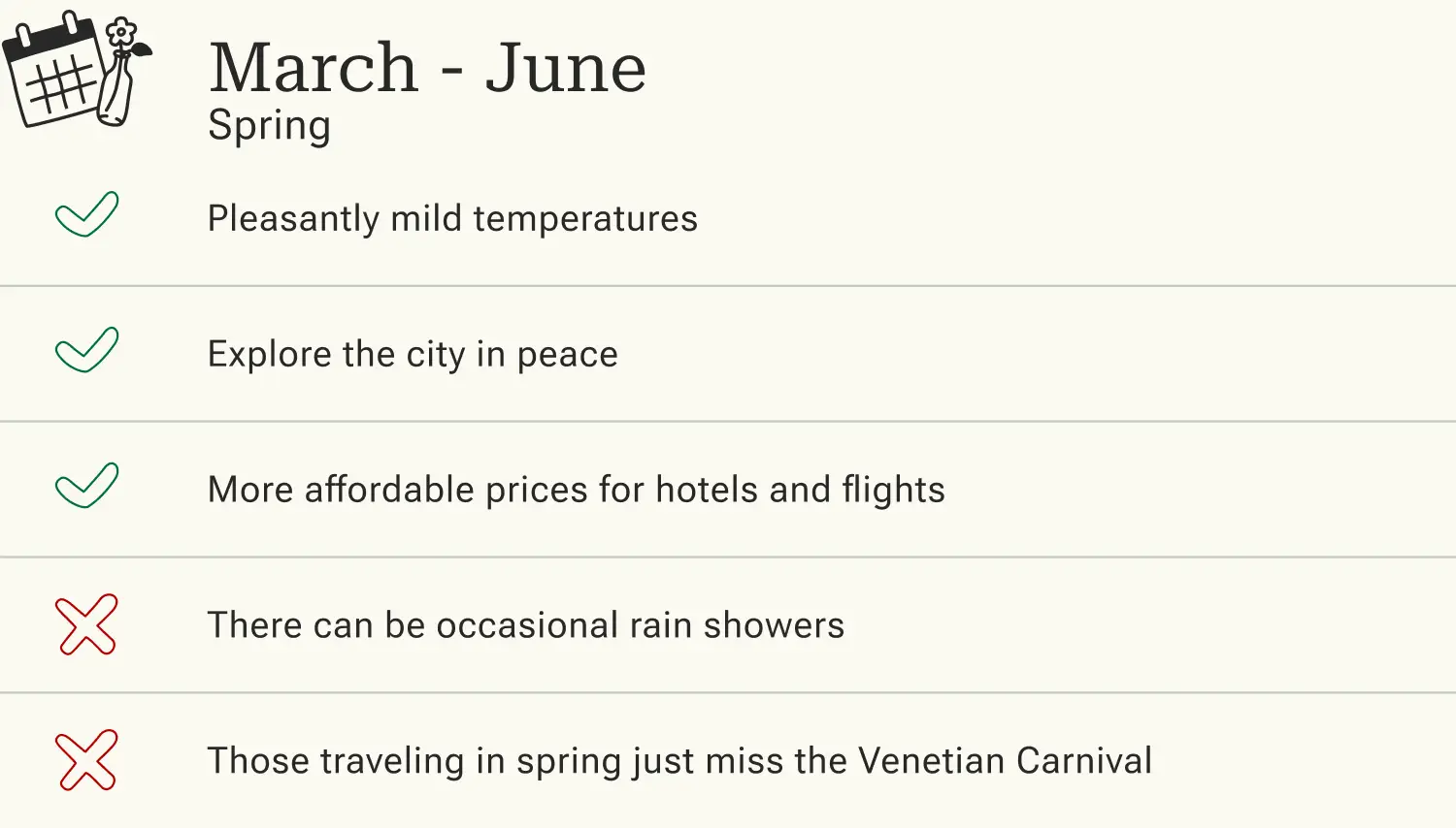 Advantages and disadvantages of a trip to Venice in spring.