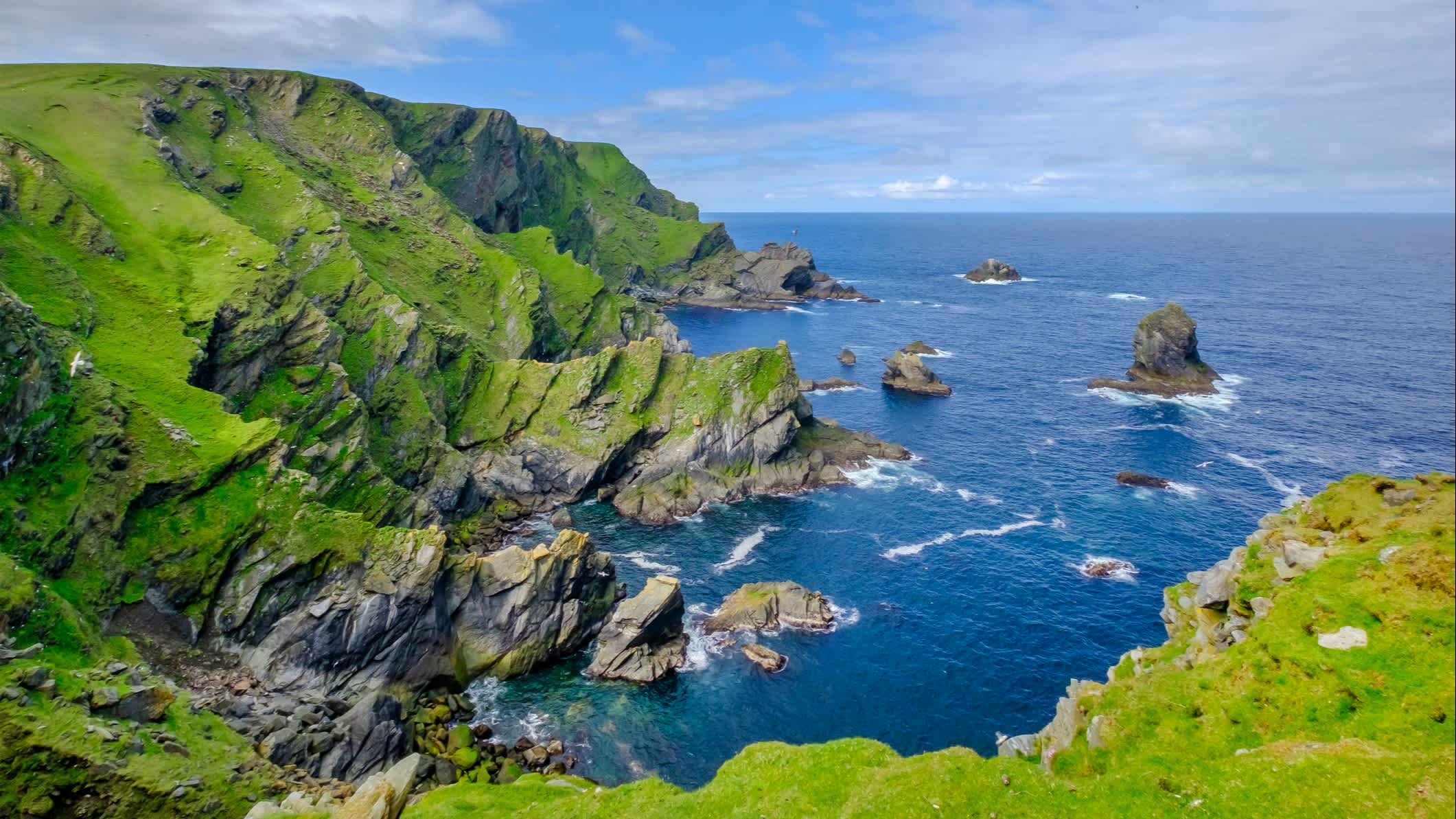 Falaises dans la réserve naturelle de Hermaness sur l'île d'Unst, îles Shetland, Écosse.