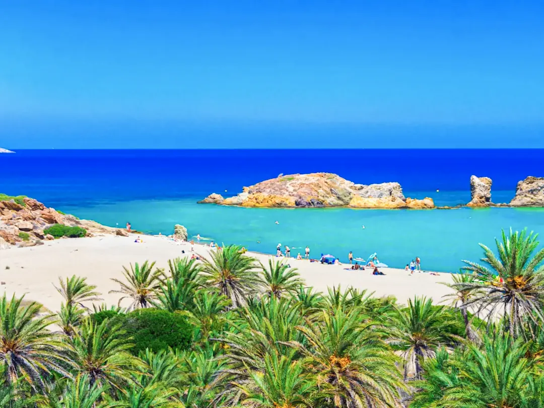 Sandstrand mit Palmen und klarem Wasser, perfekt zum Entspannen. Vai, Kreta, Griechenland.