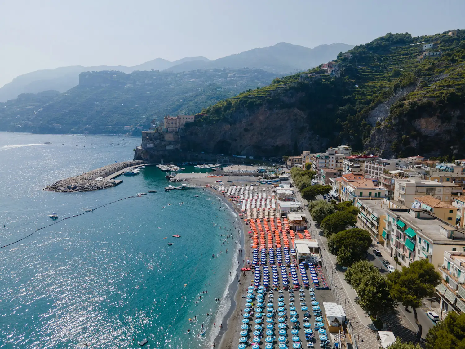 Maiori Beach on the Amalfi Coast attracts visitors with its golden sand and magnificent sea views.