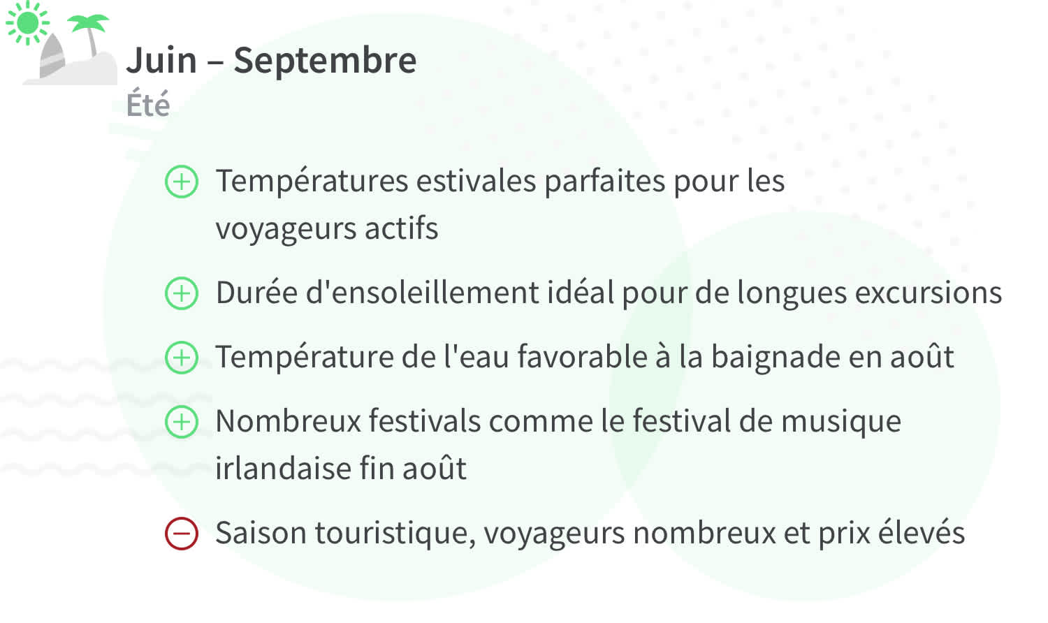 Avantages et inconvénients d'un voyage en Irlande en été (de juin à septembre).