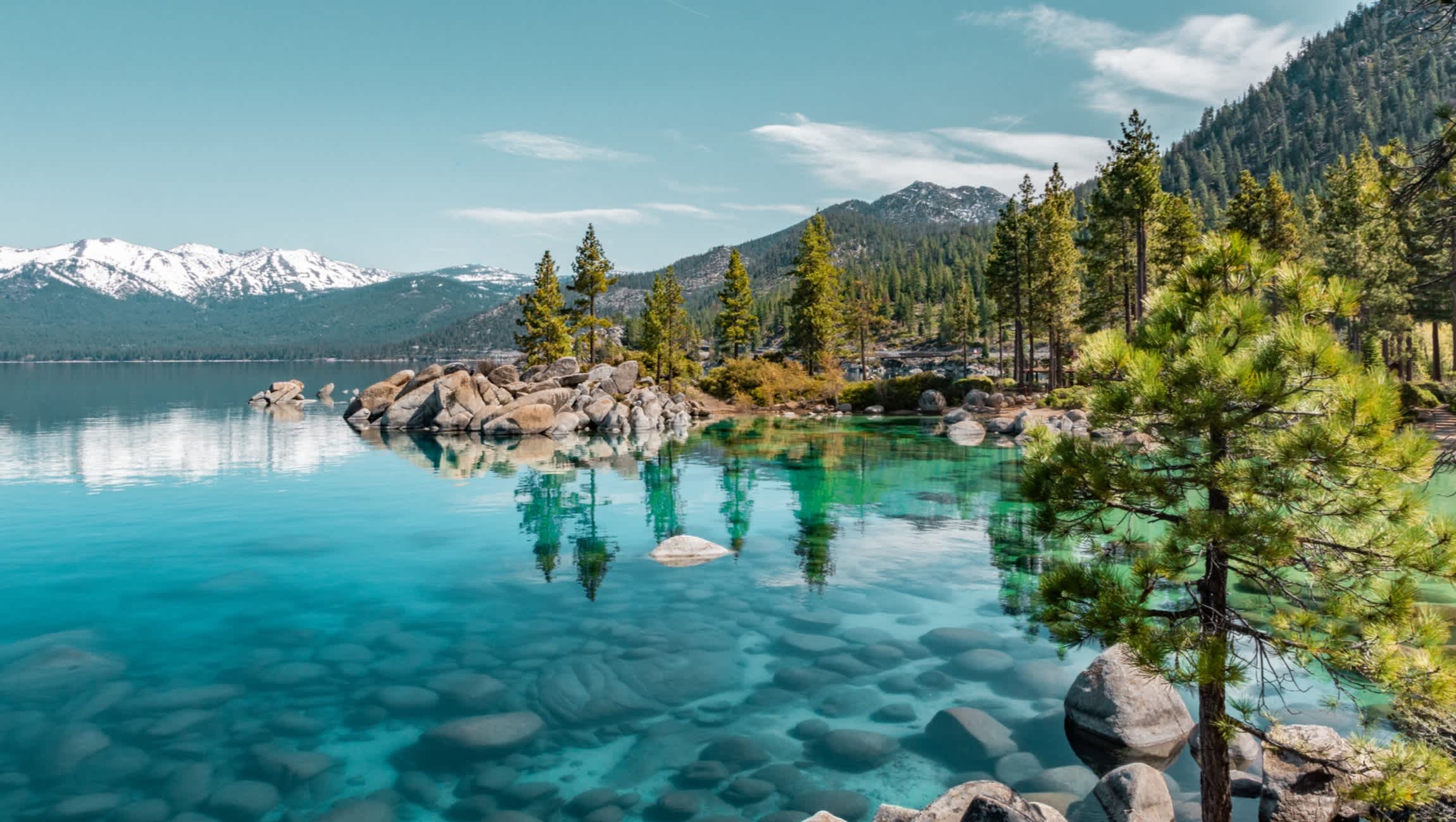 Klares blaues Lake Tahoe Wasser mit Pinien und schneebedeckten Bergen, Kalifornien, USA. 

