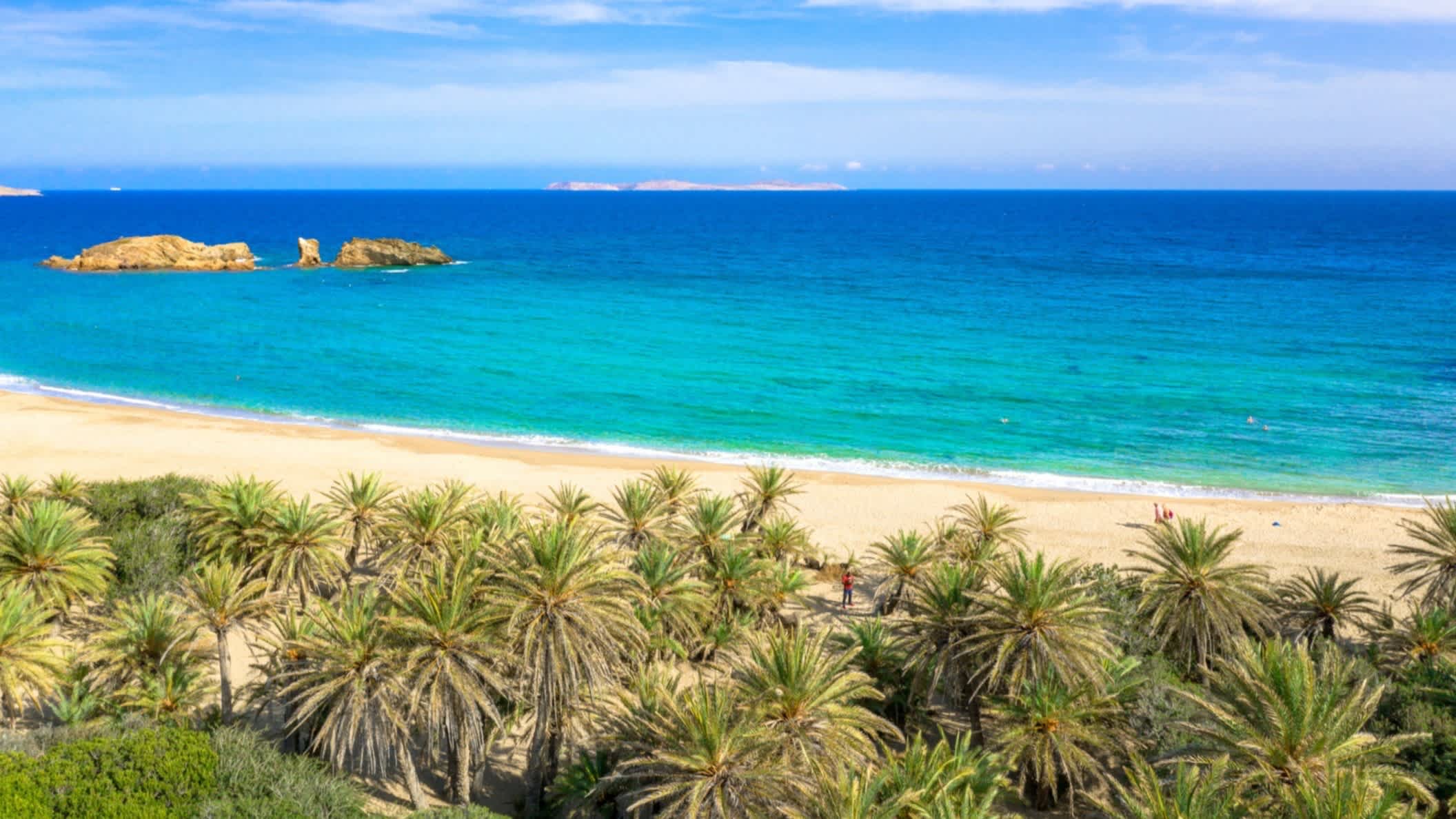Palmiers devant le sable doré et l'eau turquoise de la plage de Vai, sur l'île de Crète, en Grèce.



