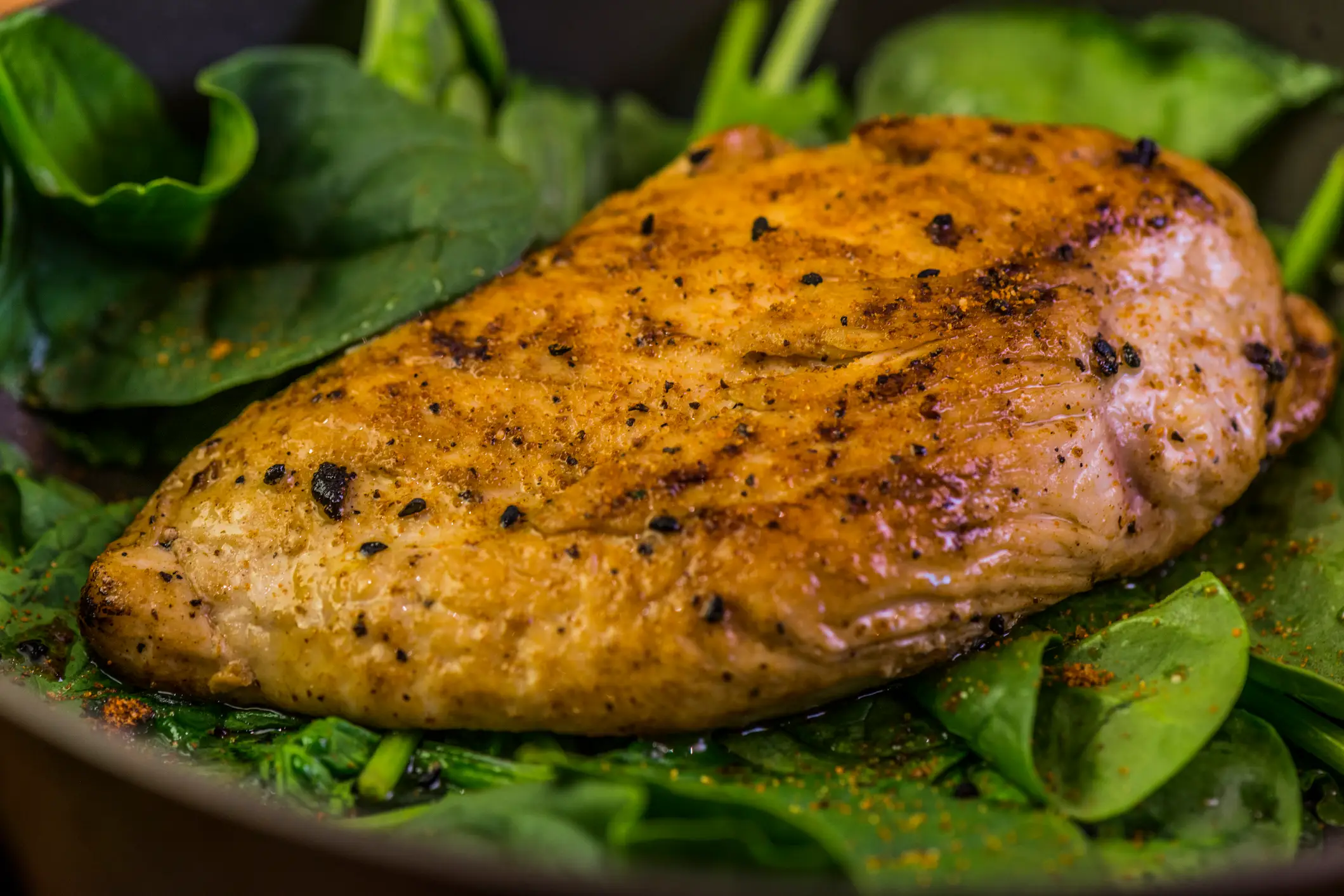 Polynésie française, plats typiques, poulet fafa Tranche de poulet grillé sur un lit de taro, plante utilisée dans la cuisine polynésienne