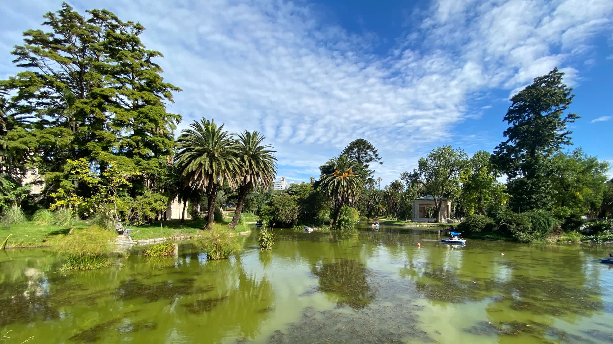 Lac à l'eau clair entouré de végétation, Parque Rodó à Montevideo, Uruguay

