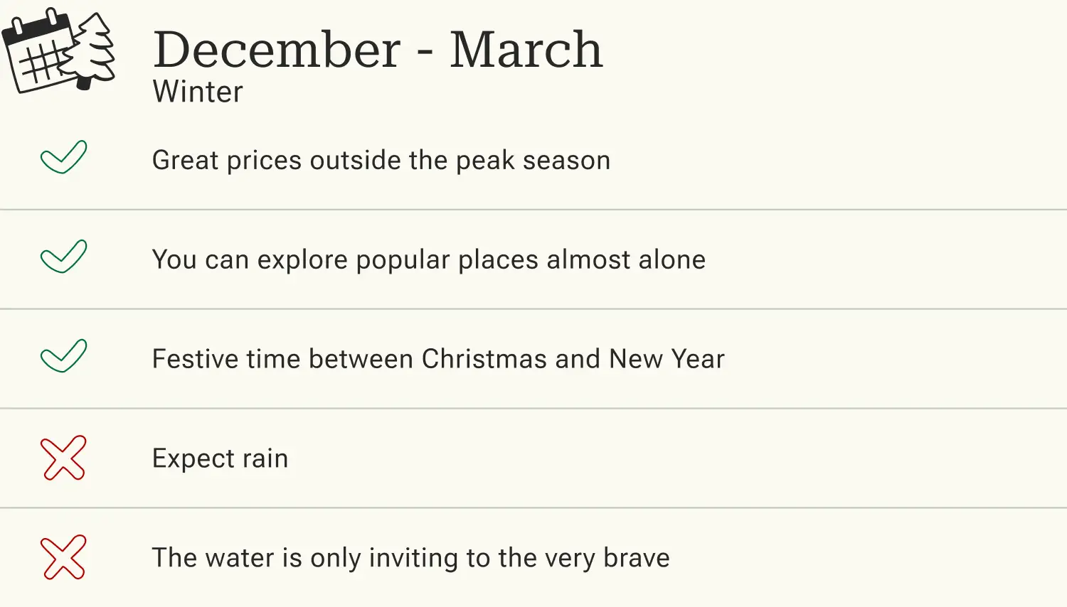 Advantages and disadvantages of traveling to Portugal in winter (December - March).