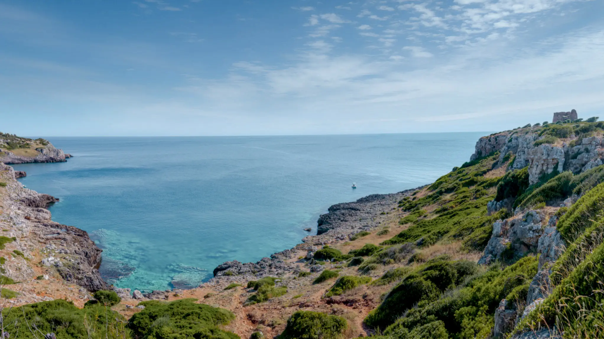 Küstenbucht mit türkisblauem Wasser, felsigen Klippen und grüner Vegetation unter strahlend blauem Himmel.