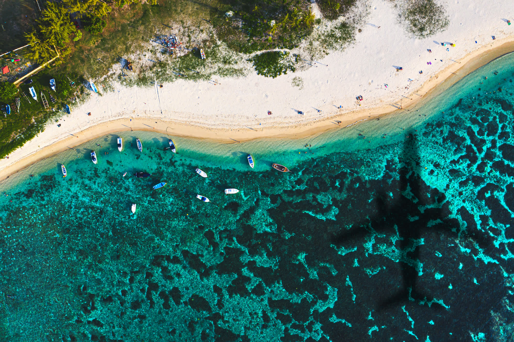 Vue aérienne de la plage de sable blanc et de l'eau bleue turquoise à l'île Maurice