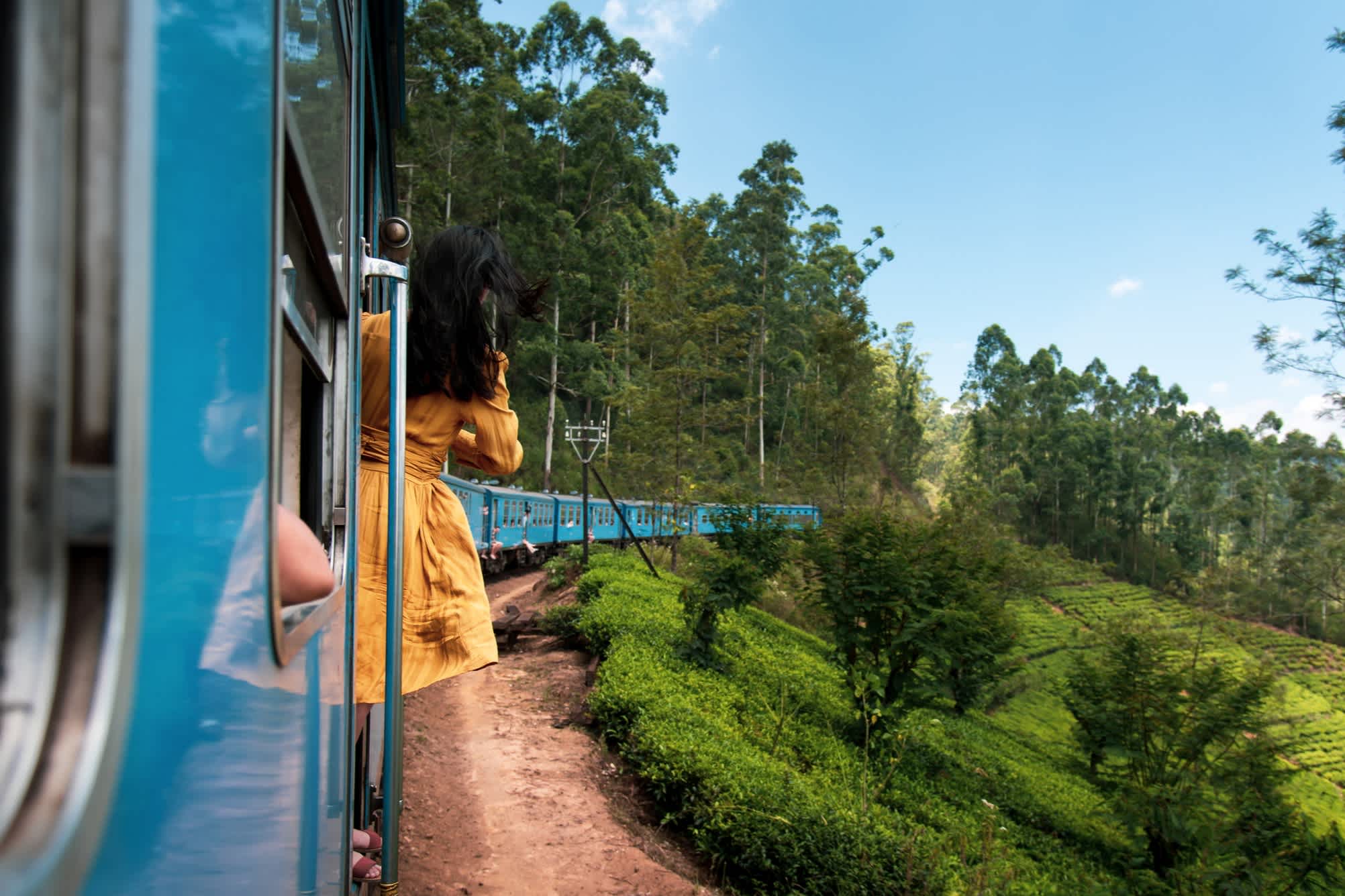 Frau nimmt mit der Zug in Sri Lanka Teeplantage