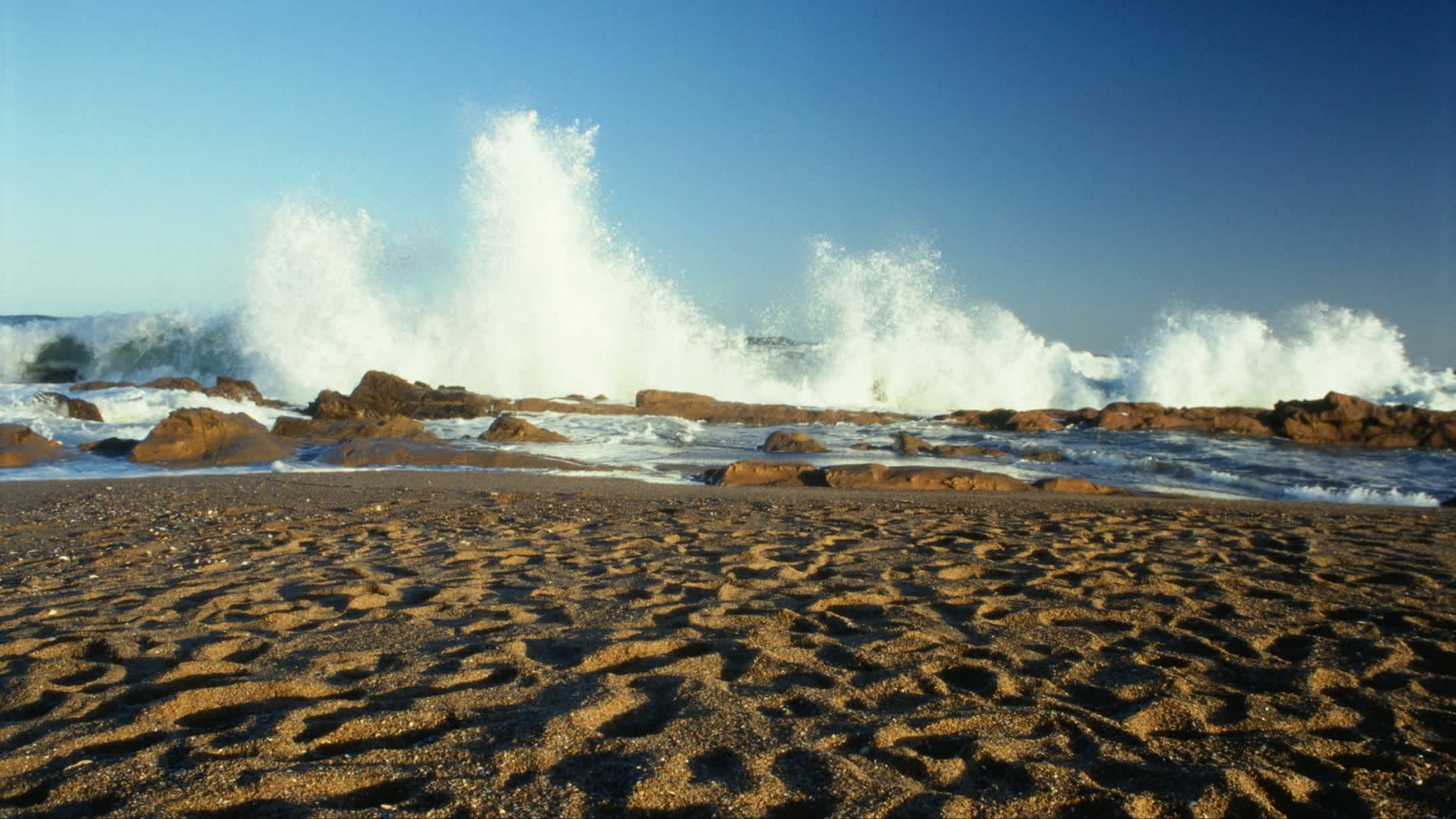 Montoya Beach in La Barra, Uruguay mit tosenden Wellen und bei blauem Himmel.